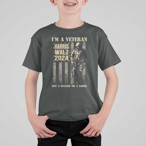Harris Walz 2024 T Shirt For Kid I'm A Veteran Not A Sucker Or A Loser Vintage American Flag Military TS11 Dark Heather Print Your Wear