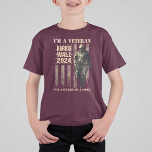 Harris Walz 2024 T Shirt For Kid I'm A Veteran Not A Sucker Or A Loser Vintage American Flag Military TS11 Maroon Print Your Wear