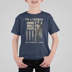 Harris Walz 2024 T Shirt For Kid I'm A Veteran Not A Sucker Or A Loser Vintage American Flag Military TS11 Navy Print Your Wear