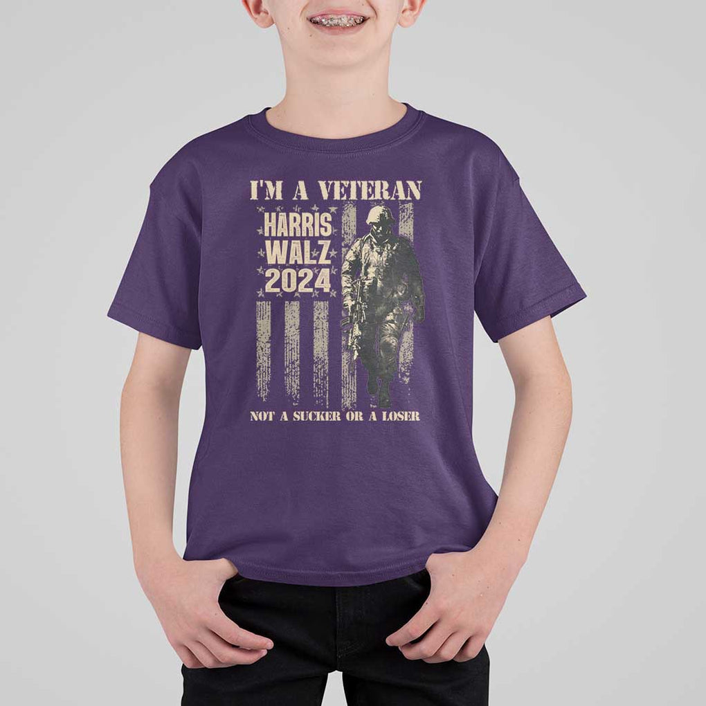Harris Walz 2024 T Shirt For Kid I'm A Veteran Not A Sucker Or A Loser Vintage American Flag Military TS11 Purple Print Your Wear