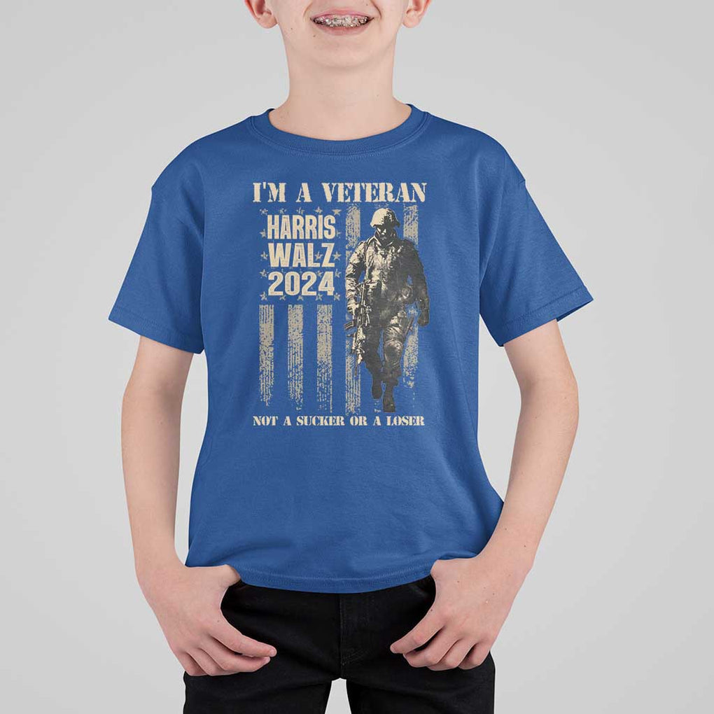 Harris Walz 2024 T Shirt For Kid I'm A Veteran Not A Sucker Or A Loser Vintage American Flag Military TS11 Royal Blue Print Your Wear