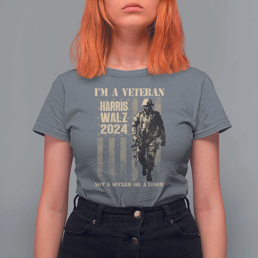Harris Walz 2024 T Shirt For Women I'm A Veteran Not A Sucker Or A Loser Vintage American Flag Military TS11 Charcoal Print Your Wear