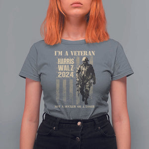 Harris Walz 2024 T Shirt For Women I'm A Veteran Not A Sucker Or A Loser Vintage American Flag Military TS11 Charcoal Print Your Wear