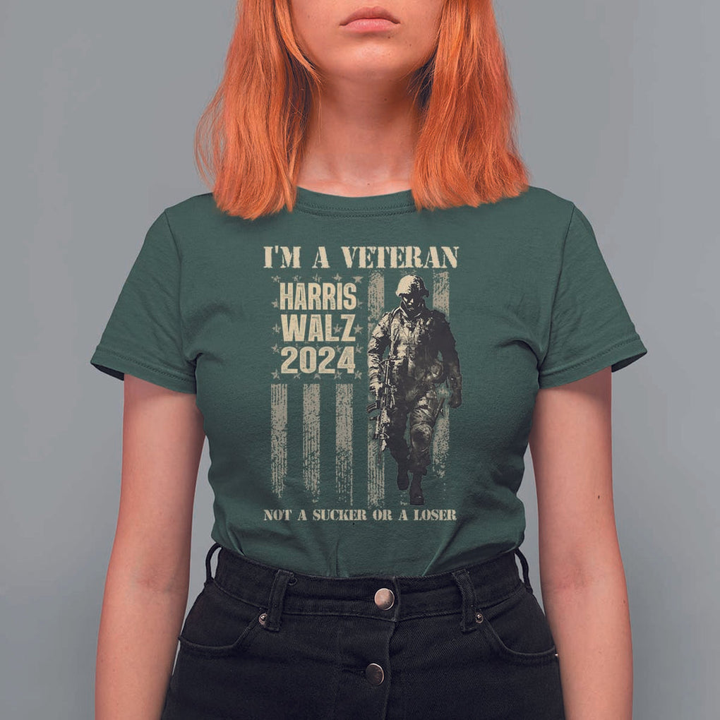 Harris Walz 2024 T Shirt For Women I'm A Veteran Not A Sucker Or A Loser Vintage American Flag Military TS11 Dark Forest Green Print Your Wear