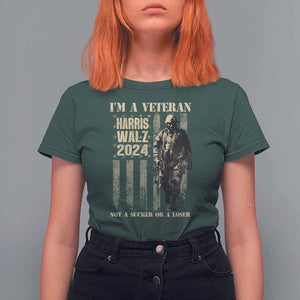 Harris Walz 2024 T Shirt For Women I'm A Veteran Not A Sucker Or A Loser Vintage American Flag Military TS11 Dark Forest Green Print Your Wear