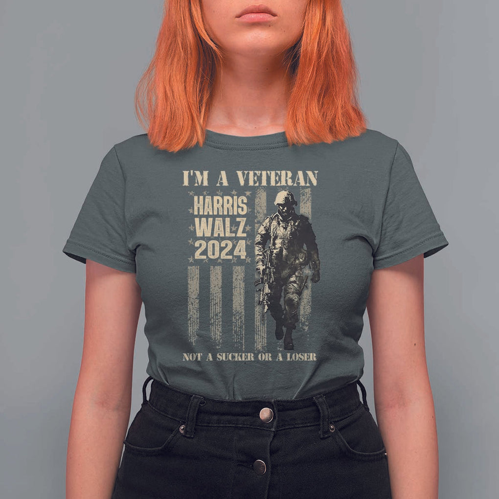 Harris Walz 2024 T Shirt For Women I'm A Veteran Not A Sucker Or A Loser Vintage American Flag Military TS11 Dark Heather Print Your Wear