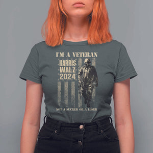 Harris Walz 2024 T Shirt For Women I'm A Veteran Not A Sucker Or A Loser Vintage American Flag Military TS11 Dark Heather Print Your Wear