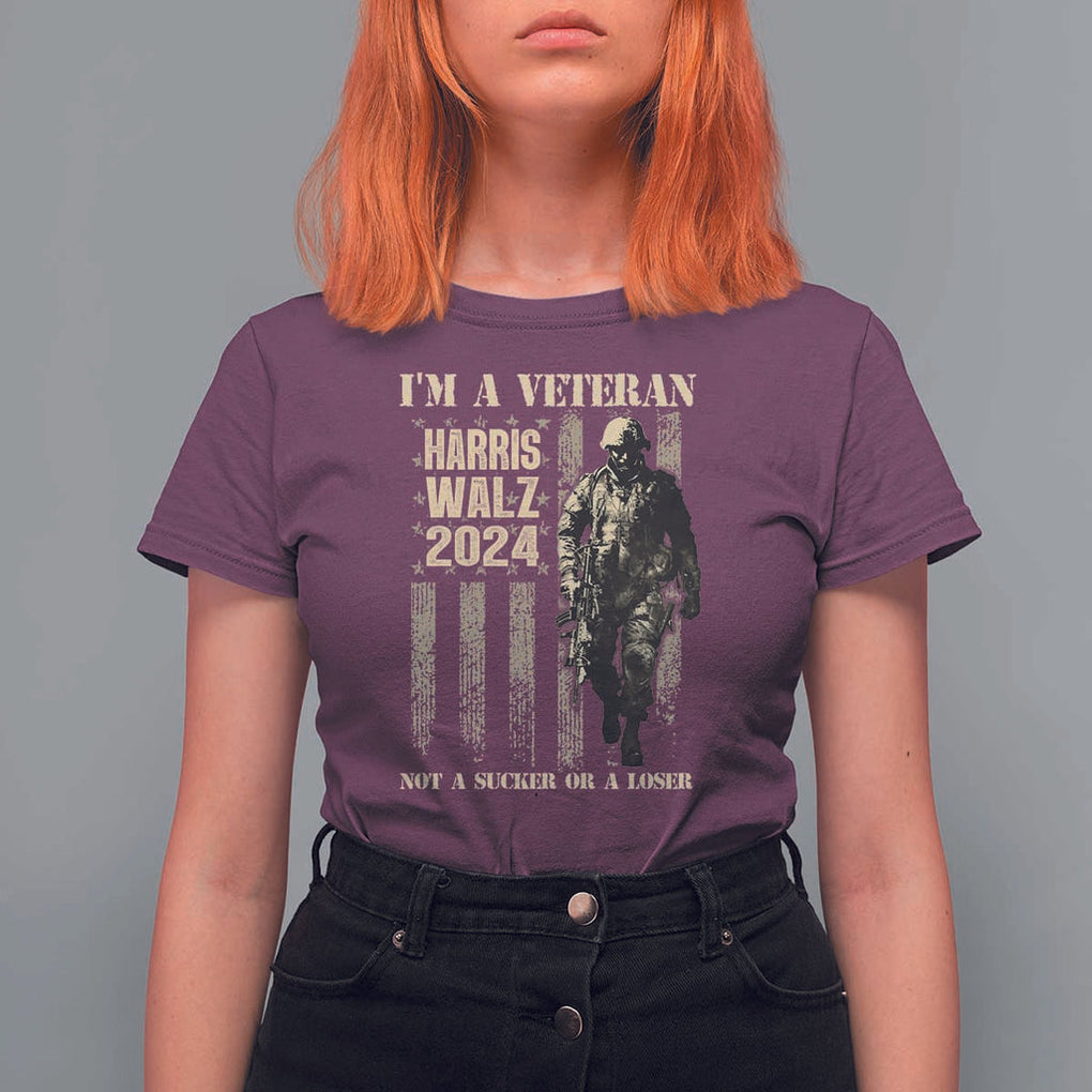 Harris Walz 2024 T Shirt For Women I'm A Veteran Not A Sucker Or A Loser Vintage American Flag Military TS11 Maroon Print Your Wear