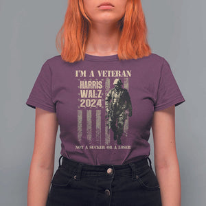 Harris Walz 2024 T Shirt For Women I'm A Veteran Not A Sucker Or A Loser Vintage American Flag Military TS11 Maroon Print Your Wear