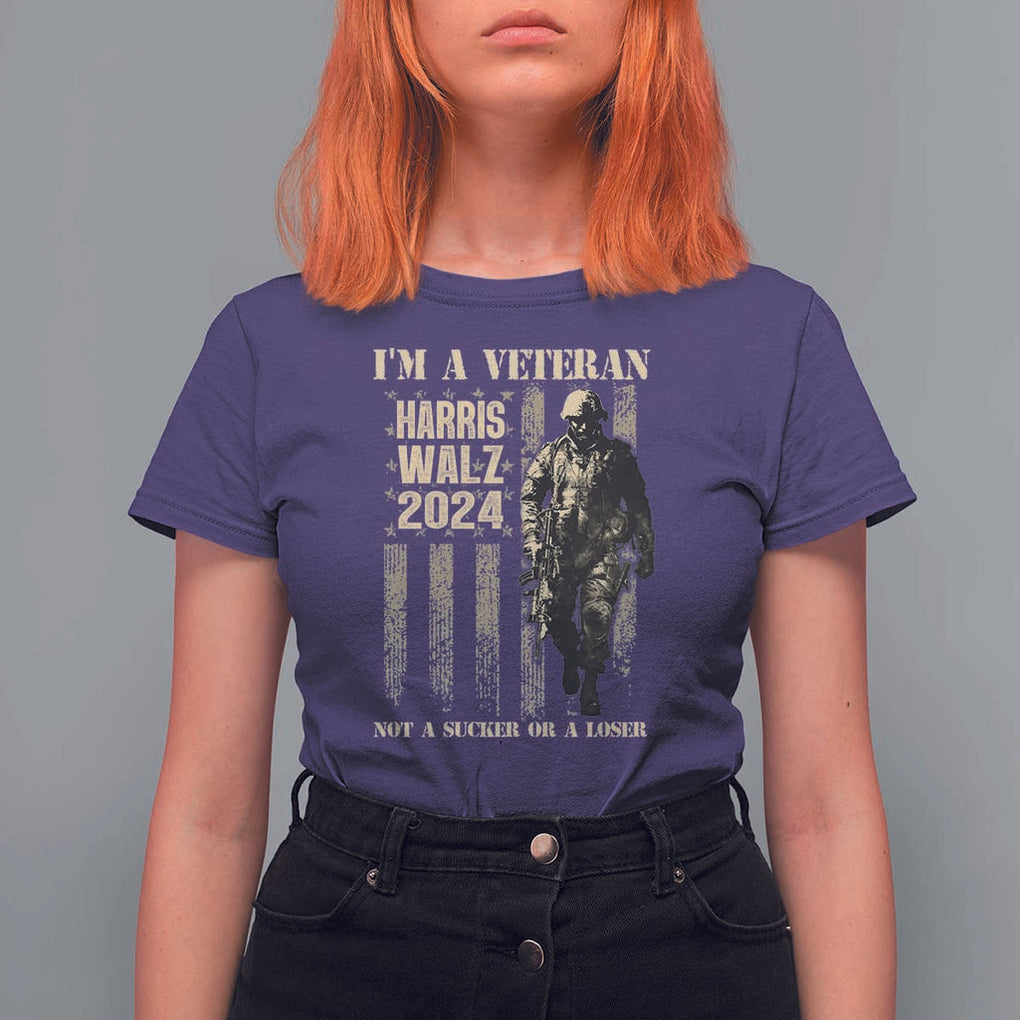 Harris Walz 2024 T Shirt For Women I'm A Veteran Not A Sucker Or A Loser Vintage American Flag Military TS11 Purple Print Your Wear