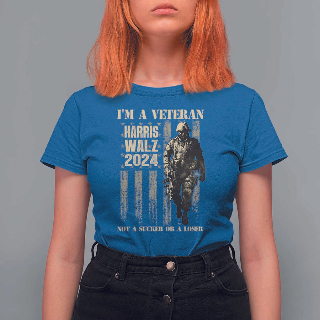 Harris Walz 2024 T Shirt For Women I'm A Veteran Not A Sucker Or A Loser Vintage American Flag Military TS11 Royal Blue Print Your Wear