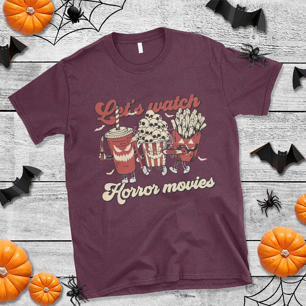 Funny Halloween T Shirt Let's Watch Horror Movies Popcorn Drinks Murderer Bat TS11 Maroon Print Your Wear