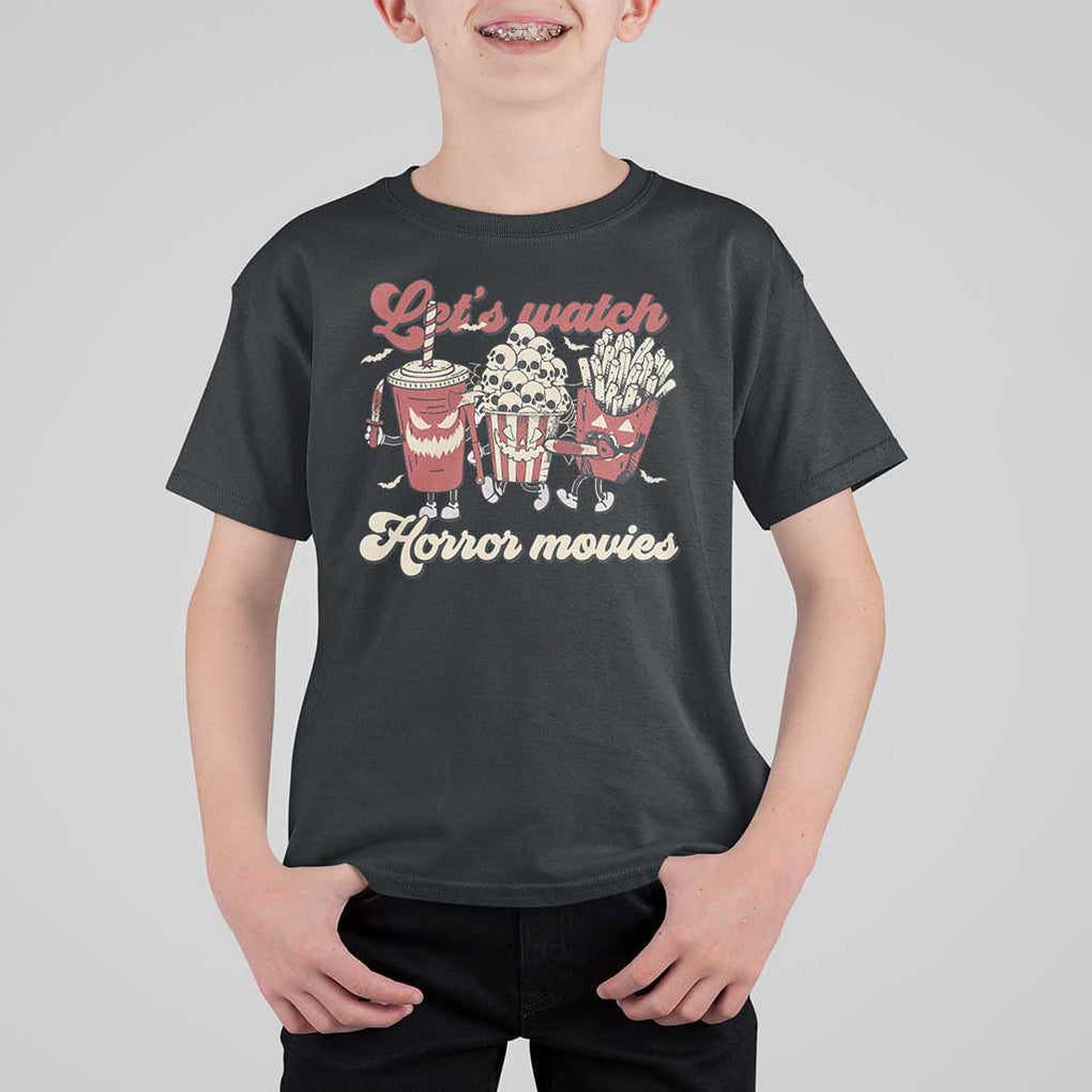 Funny Halloween T Shirt For Kid Let's Watch Horror Movies Popcorn Drinks Murderer Bat TS11 Black Print Your Wear