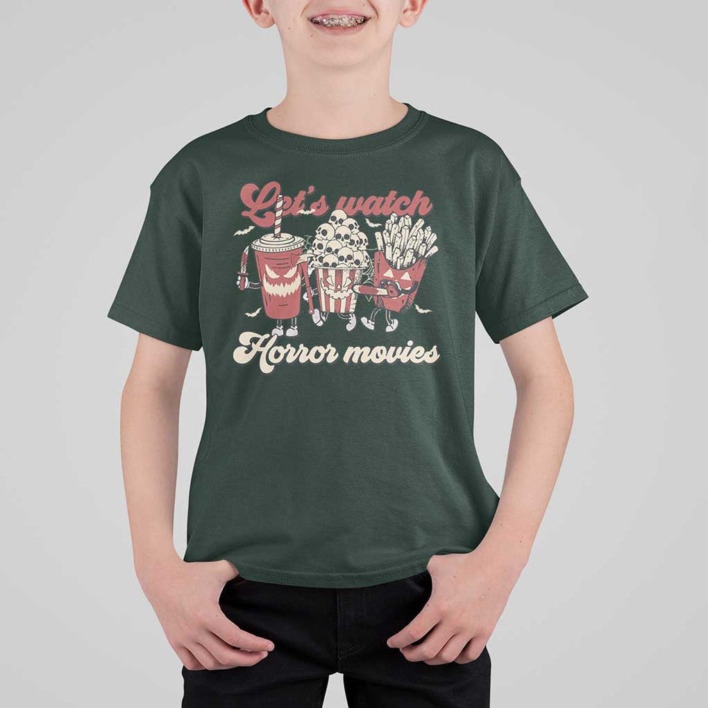 Funny Halloween T Shirt For Kid Let's Watch Horror Movies Popcorn Drinks Murderer Bat TS11 Dark Forest Green Print Your Wear
