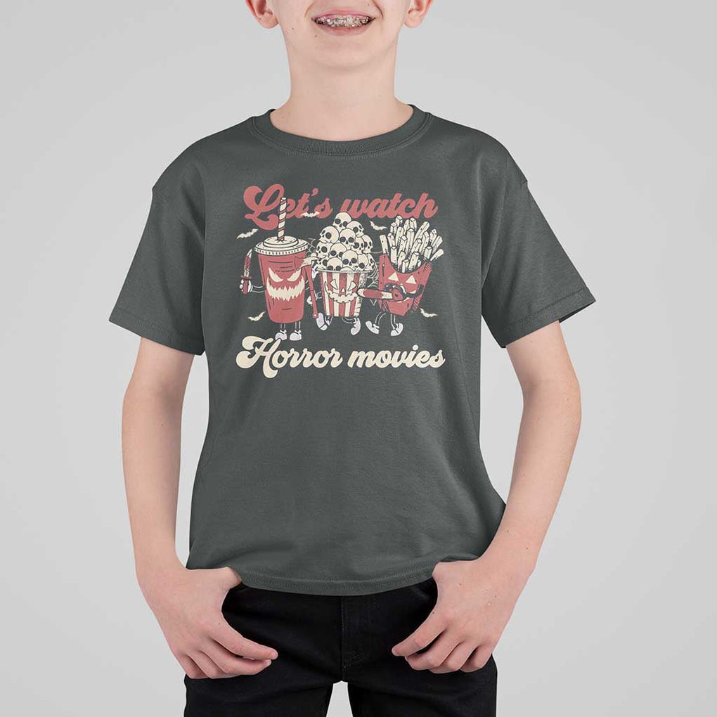 Funny Halloween T Shirt For Kid Let's Watch Horror Movies Popcorn Drinks Murderer Bat TS11 Dark Heather Print Your Wear