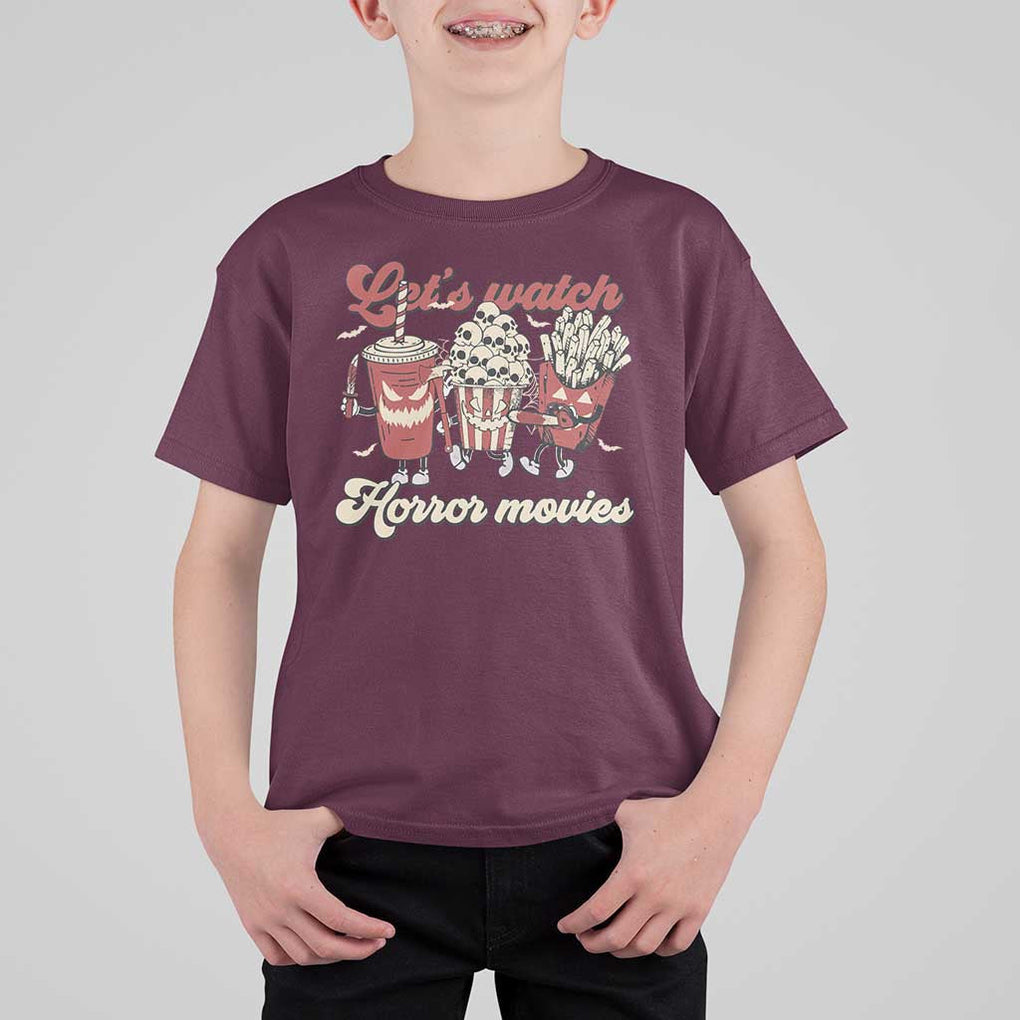 Funny Halloween T Shirt For Kid Let's Watch Horror Movies Popcorn Drinks Murderer Bat TS11 Maroon Print Your Wear