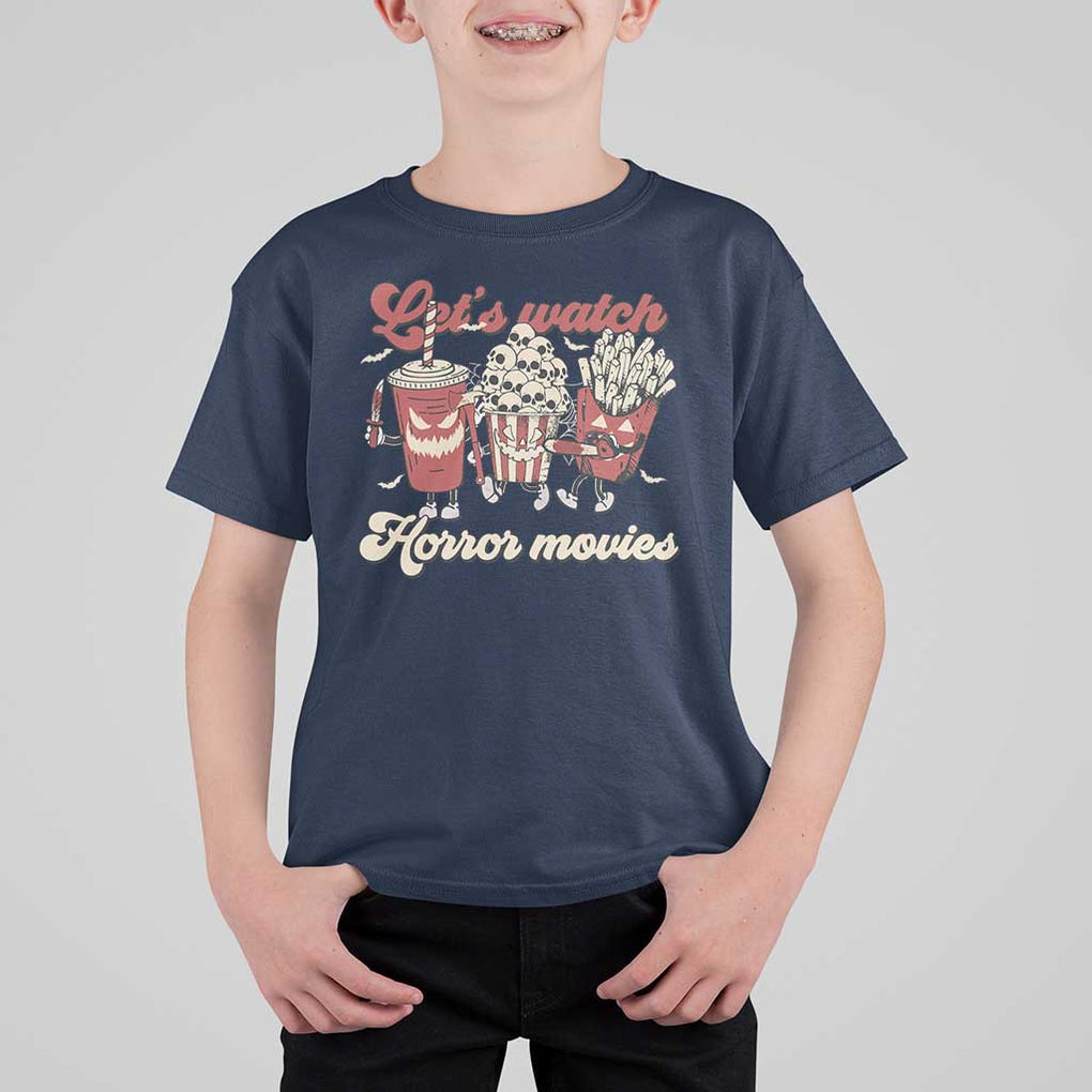 Funny Halloween T Shirt For Kid Let's Watch Horror Movies Popcorn Drinks Murderer Bat TS11 Navy Print Your Wear