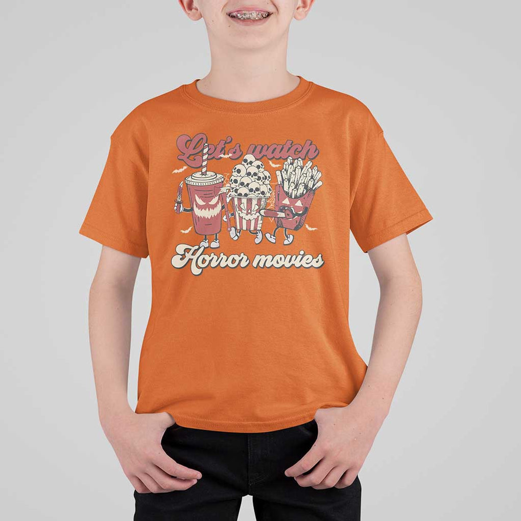 Funny Halloween T Shirt For Kid Let's Watch Horror Movies Popcorn Drinks Murderer Bat TS11 Orange Print Your Wear