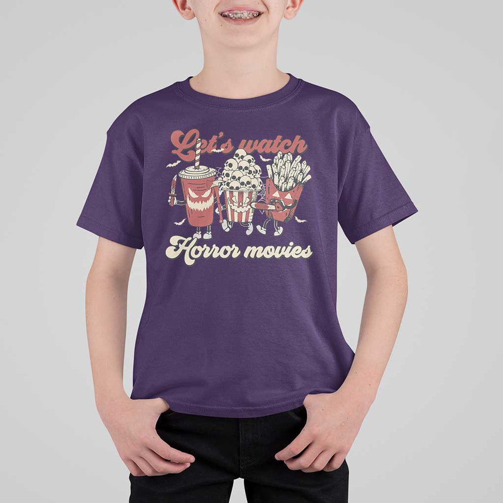 Funny Halloween T Shirt For Kid Let's Watch Horror Movies Popcorn Drinks Murderer Bat TS11 Purple Print Your Wear