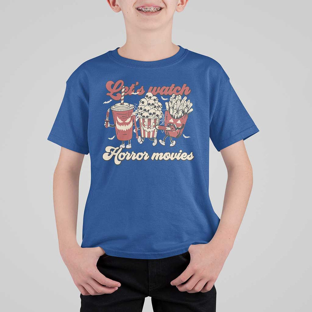 Funny Halloween T Shirt For Kid Let's Watch Horror Movies Popcorn Drinks Murderer Bat TS11 Royal Blue Print Your Wear