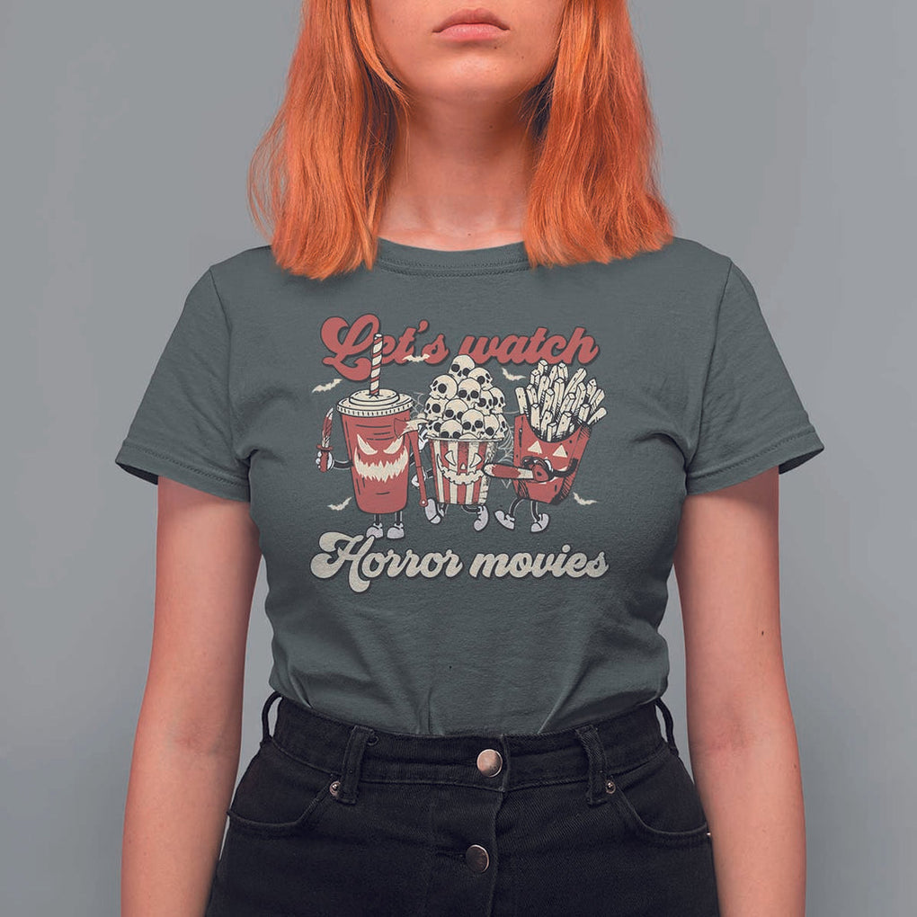 Funny Halloween T Shirt For Women Let's Watch Horror Movies Popcorn Drinks Murderer Bat TS11 Dark Heather Print Your Wear