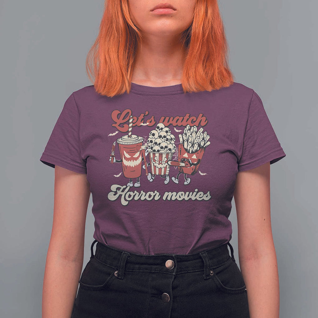 Funny Halloween T Shirt For Women Let's Watch Horror Movies Popcorn Drinks Murderer Bat TS11 Maroon Print Your Wear