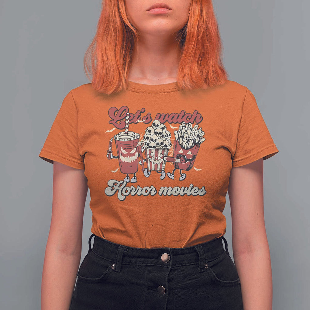 Funny Halloween T Shirt For Women Let's Watch Horror Movies Popcorn Drinks Murderer Bat TS11 Orange Print Your Wear
