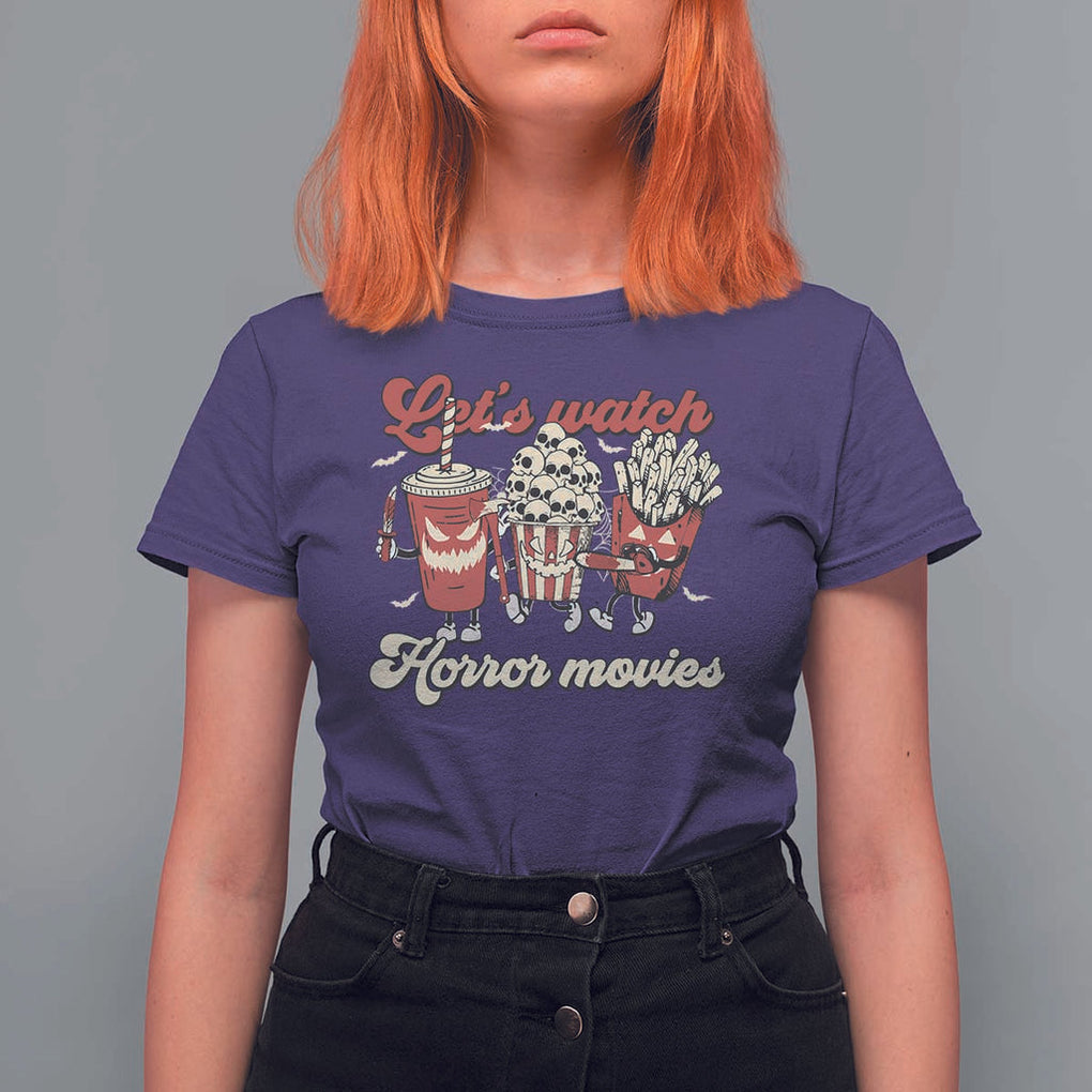 Funny Halloween T Shirt For Women Let's Watch Horror Movies Popcorn Drinks Murderer Bat TS11 Purple Print Your Wear