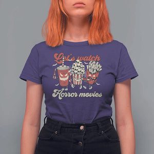 Funny Halloween T Shirt For Women Let's Watch Horror Movies Popcorn Drinks Murderer Bat TS11 Purple Print Your Wear