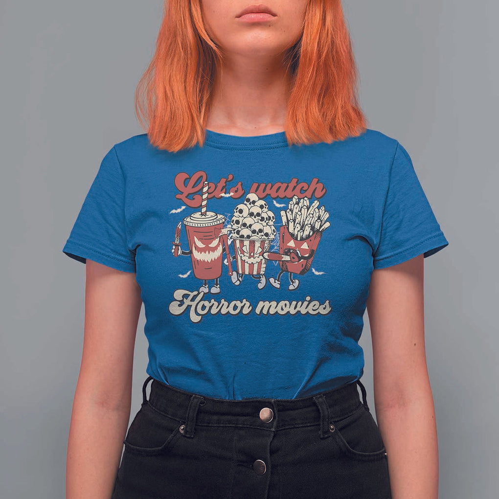 Funny Halloween T Shirt For Women Let's Watch Horror Movies Popcorn Drinks Murderer Bat TS11 Royal Blue Print Your Wear