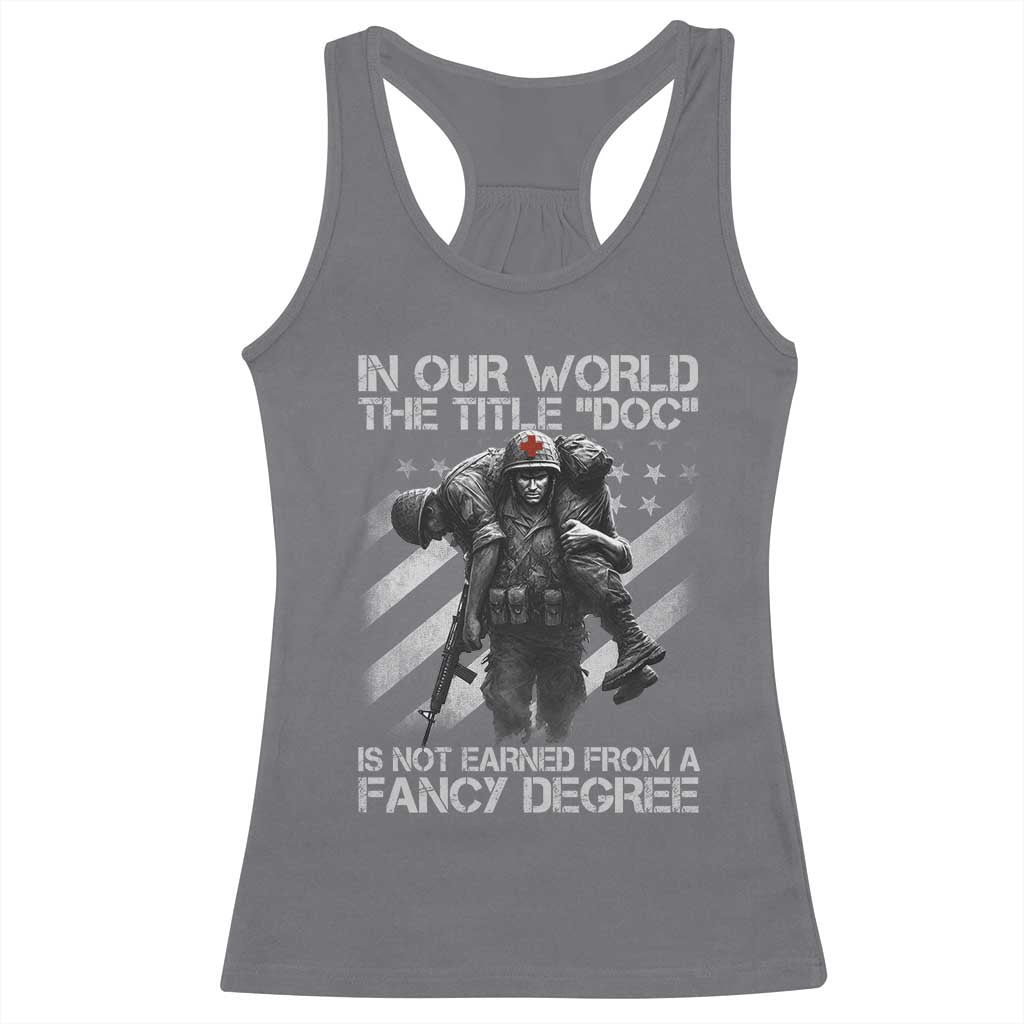 Combat Medic Racerback Tank Top In Our World The Title Doc Is Not Earned Form A Fancy Degree TS11 Charcoal Print Your Wear
