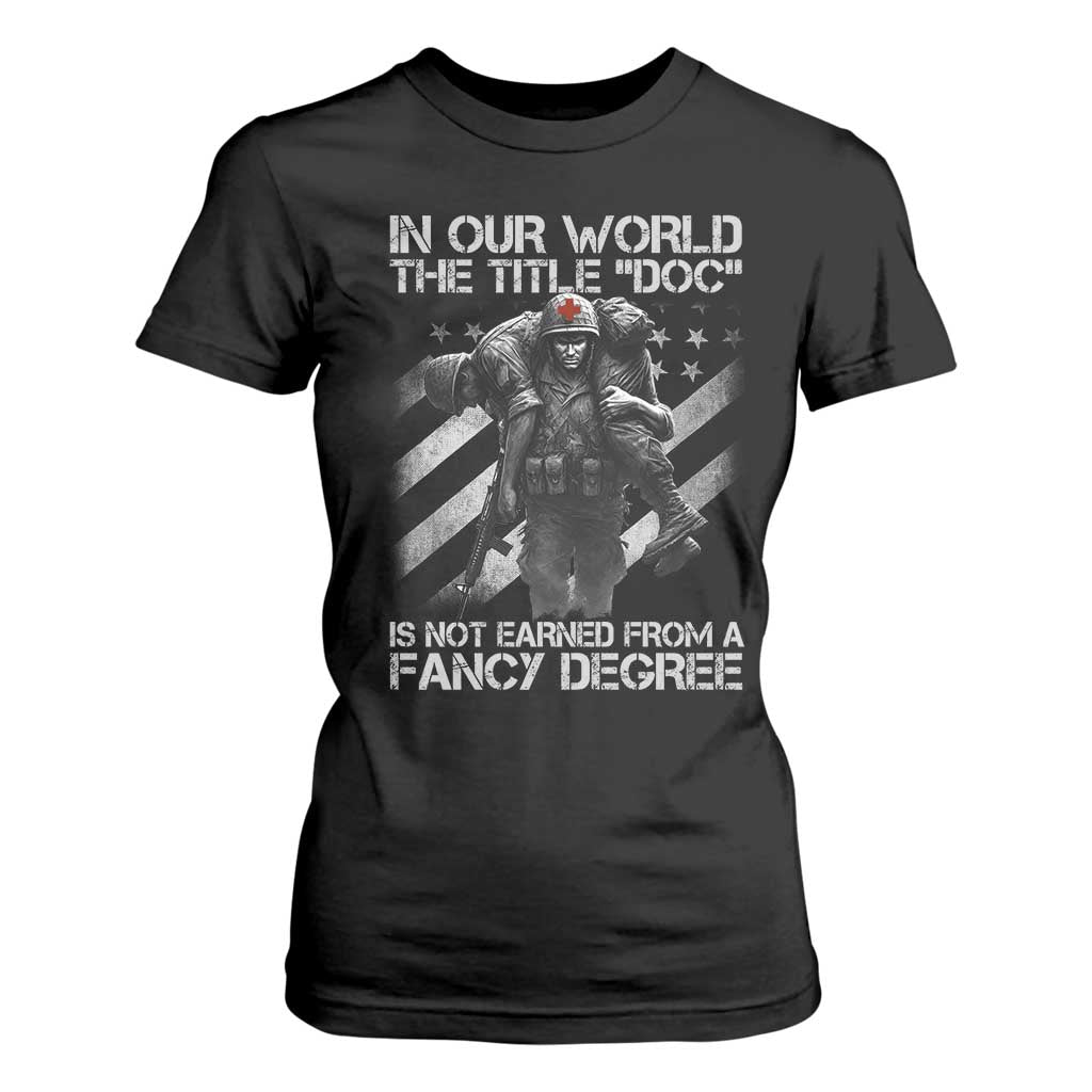 Combat Medic T Shirt For Women In Our World The Title Doc Is Not Earned Form A Fancy Degree TS11 Black Print Your Wear