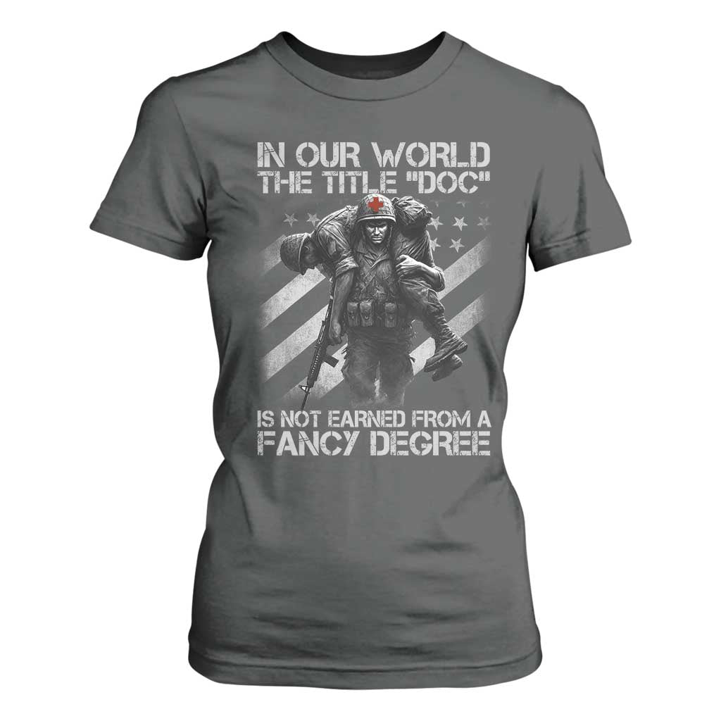 Combat Medic T Shirt For Women In Our World The Title Doc Is Not Earned Form A Fancy Degree TS11 Dark Heather Print Your Wear