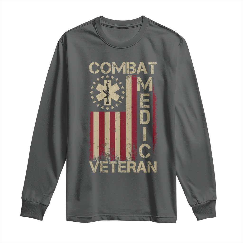 Combat Medic Veteran Long Sleeve Shirt Medical Military Vintage American Flag TS11 Dark Heather Print Your Wear