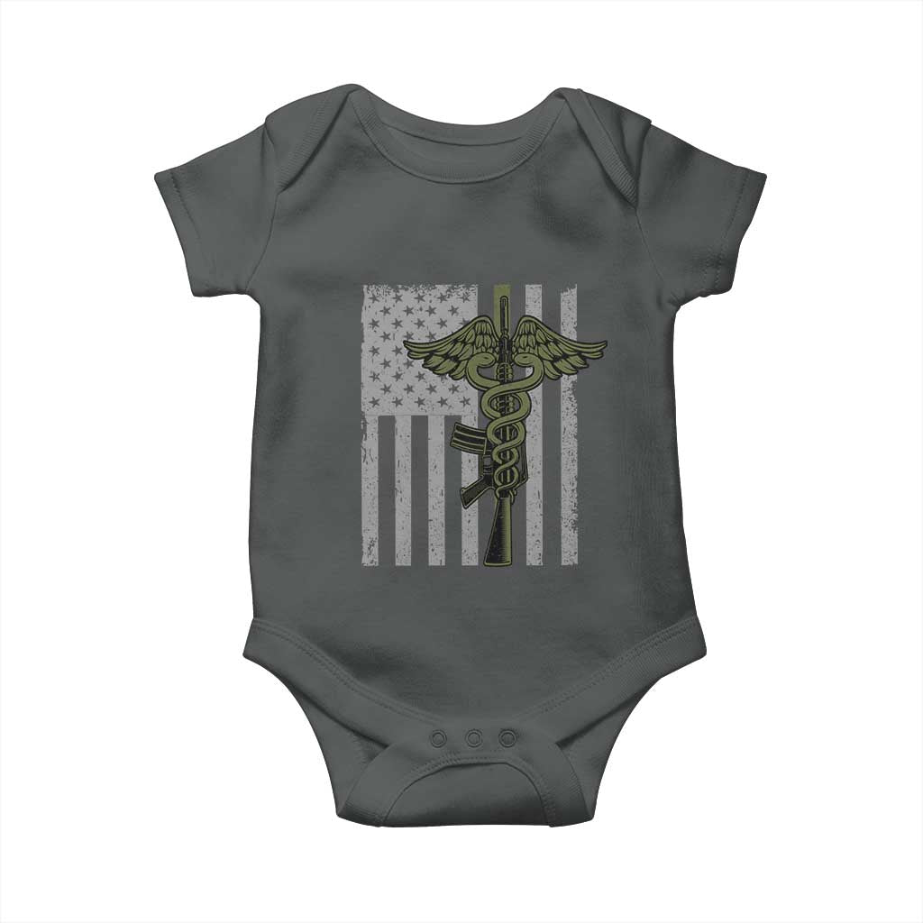 Combat Medic Soldier Baby Onesie Caduceus Vintage American Flag TS11 Dark Heather Print Your Wear