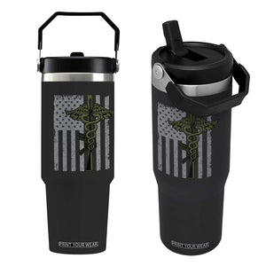 Combat Medic Soldier Flip Straw Tumbler Caduceus Vintage American Flag TS11 One Size: 30 oz Black Print Your Wear