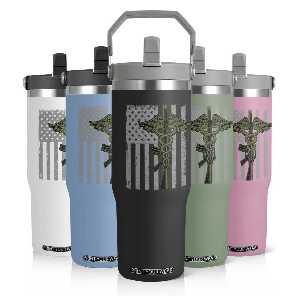 Combat Medic Soldier Flip Straw Tumbler Caduceus Vintage American Flag TS11 Print Your Wear