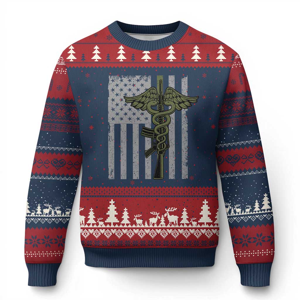 Combat Medic Soldier Ugly Christmas Sweater Caduceus Vintage American Flag TS11 Navy Red Print Your Wear