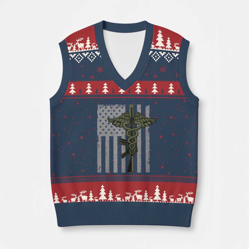 Combat Medic Soldier V-Neck Knit Sweater Vest Caduceus Vintage American Flag TS11 Navy Red Print Your Wear