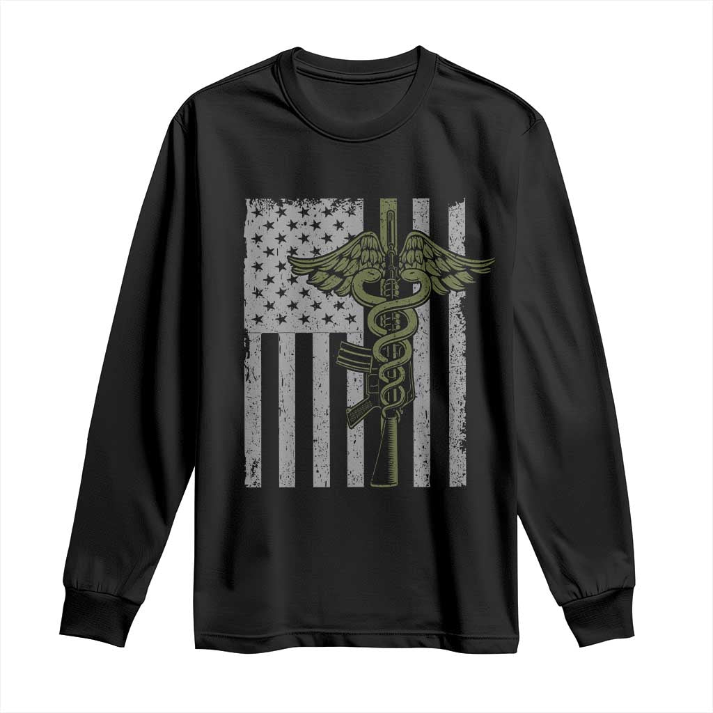 Combat Medic Soldier Long Sleeve Shirt Caduceus Vintage American Flag TS11 Black Print Your Wear