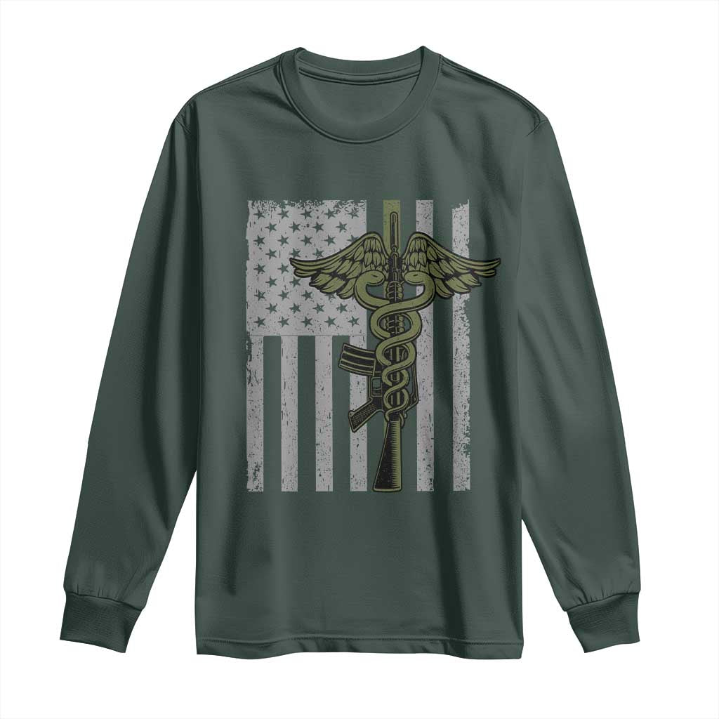 Combat Medic Soldier Long Sleeve Shirt Caduceus Vintage American Flag TS11 Dark Forest Green Print Your Wear