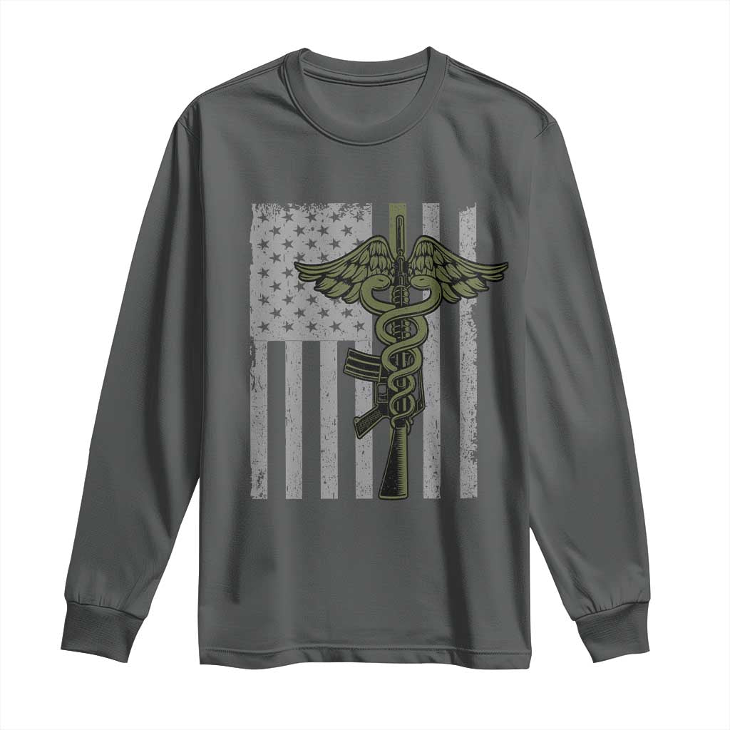 Combat Medic Soldier Long Sleeve Shirt Caduceus Vintage American Flag TS11 Dark Heather Print Your Wear