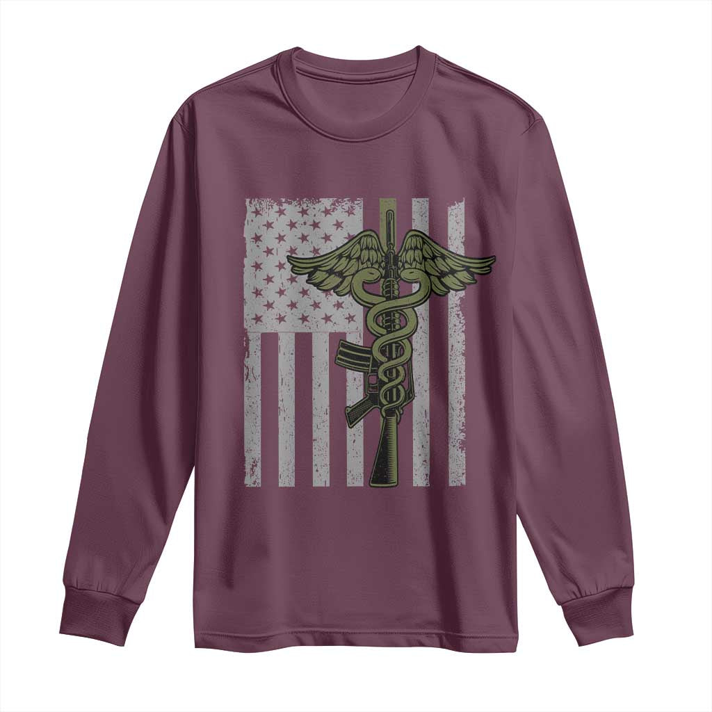 Combat Medic Soldier Long Sleeve Shirt Caduceus Vintage American Flag TS11 Maroon Print Your Wear