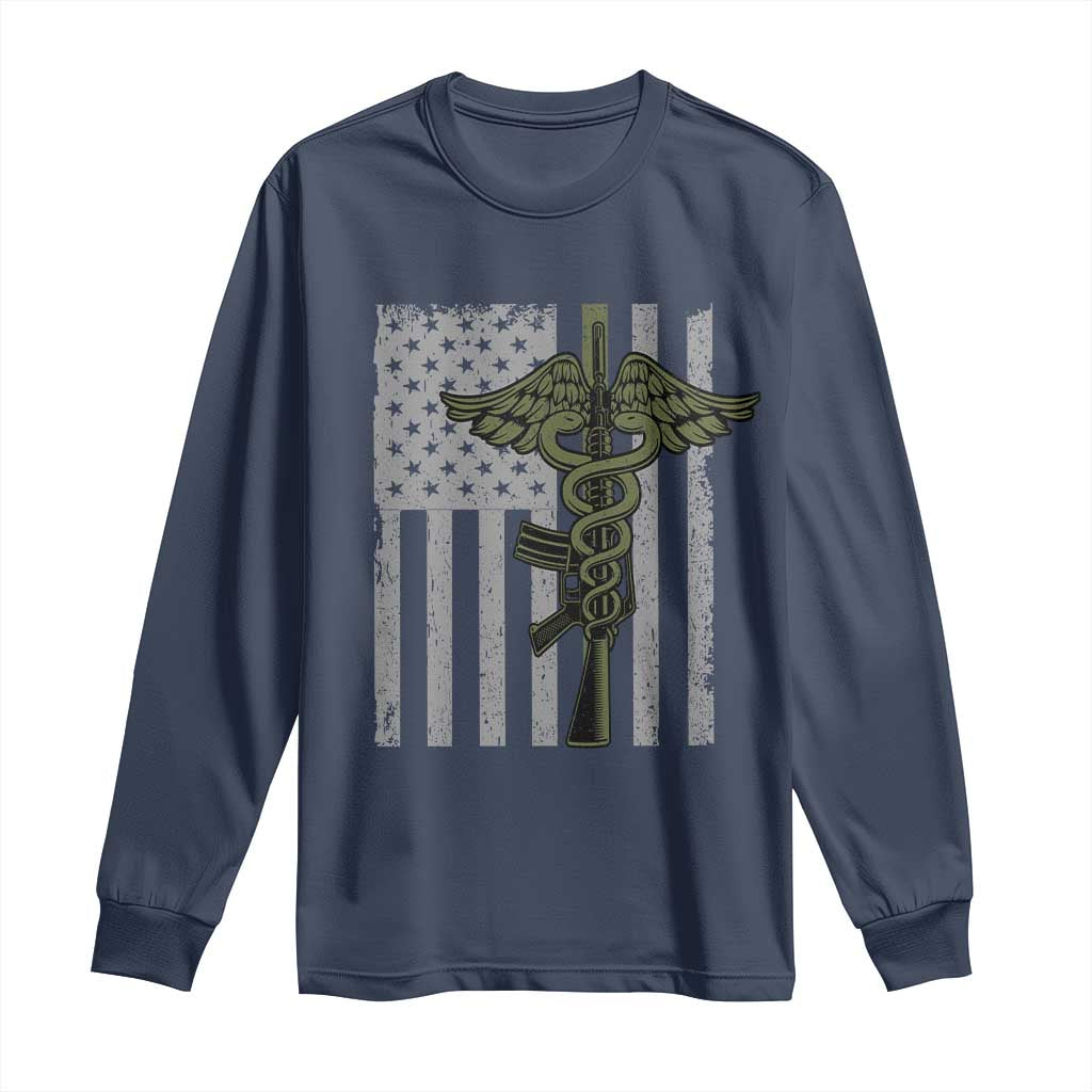 Combat Medic Soldier Long Sleeve Shirt Caduceus Vintage American Flag TS11 Navy Print Your Wear