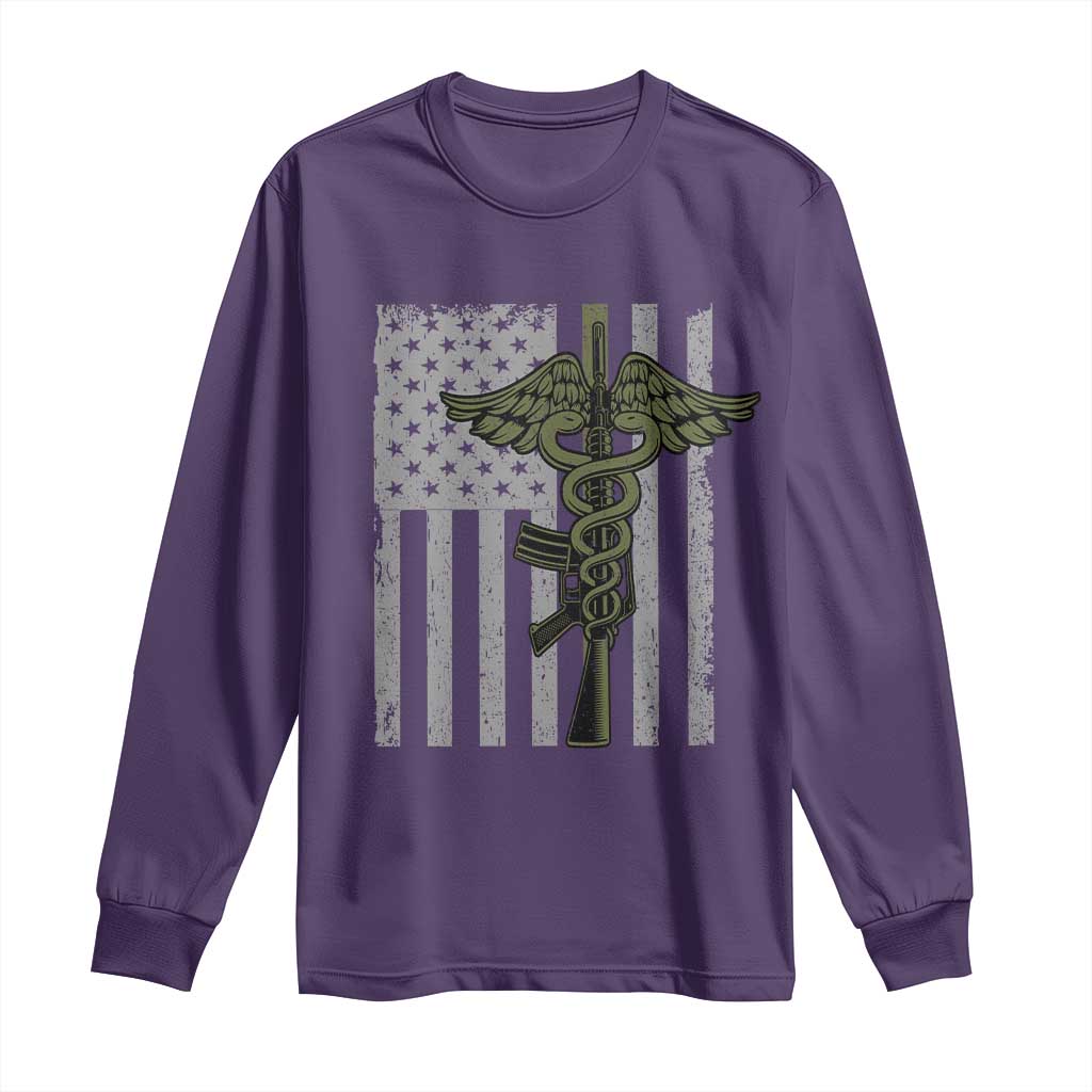 Combat Medic Soldier Long Sleeve Shirt Caduceus Vintage American Flag TS11 Purple Print Your Wear