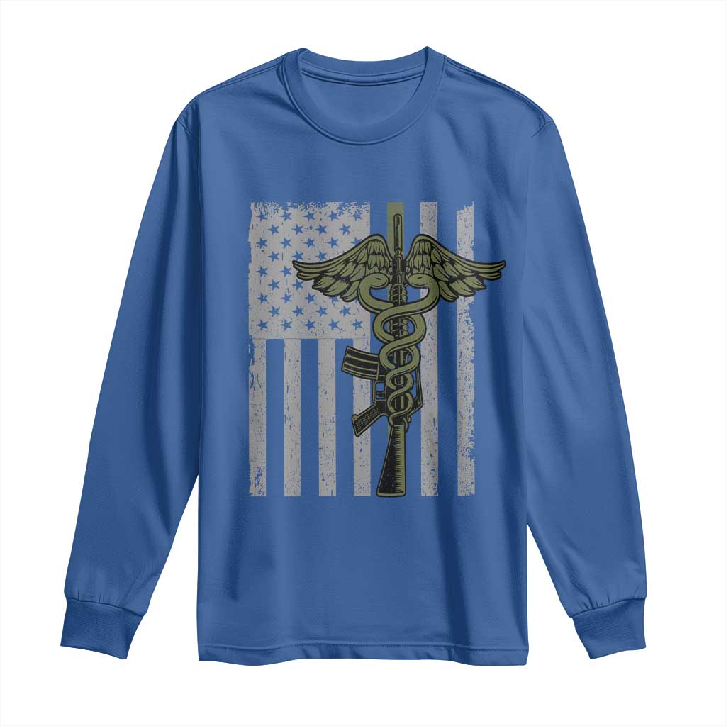 Combat Medic Soldier Long Sleeve Shirt Caduceus Vintage American Flag TS11 Royal Blue Print Your Wear