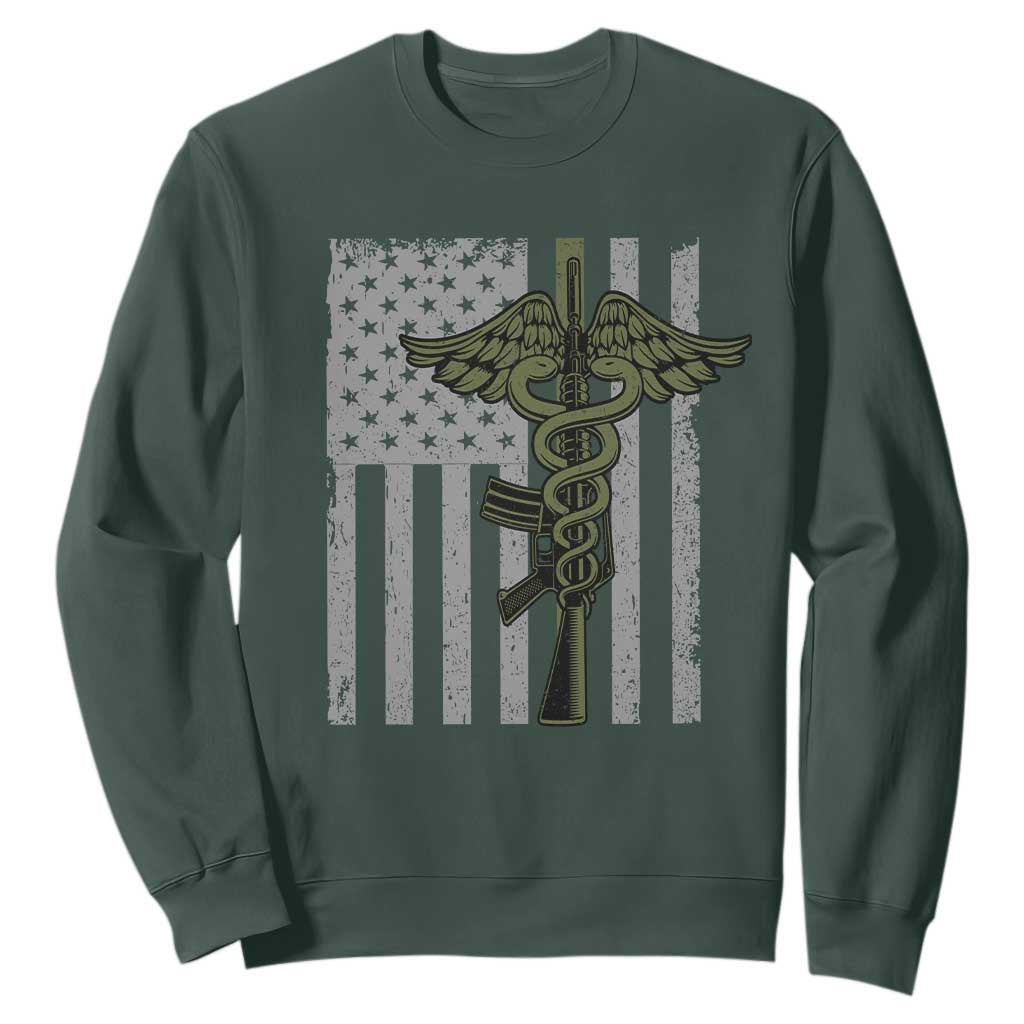 Combat Medic Soldier Sweatshirt Caduceus Vintage American Flag TS11 Dark Forest Green Print Your Wear
