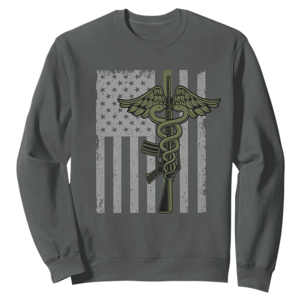 Combat Medic Soldier Sweatshirt Caduceus Vintage American Flag TS11 Dark Heather Print Your Wear
