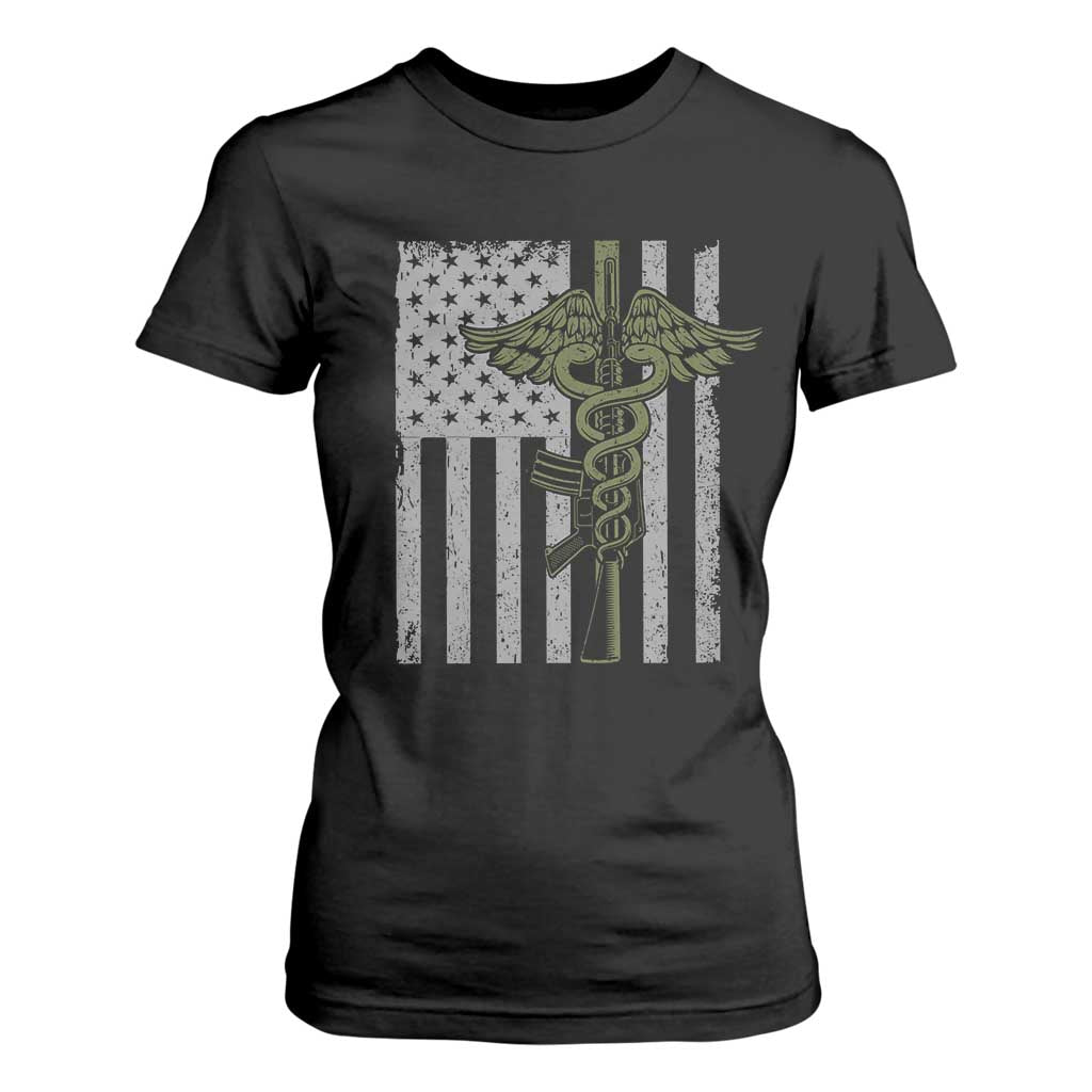 Combat Medic Soldier T Shirt For Women Caduceus Vintage American Flag - Print Your Wear
