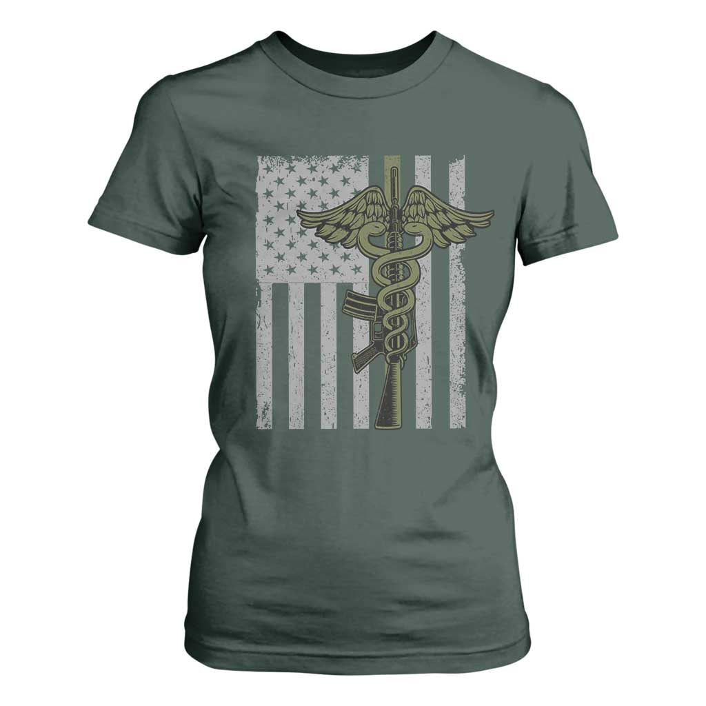 Combat Medic Soldier T Shirt For Women Caduceus Vintage American Flag TS11 Dark Forest Green Print Your Wear